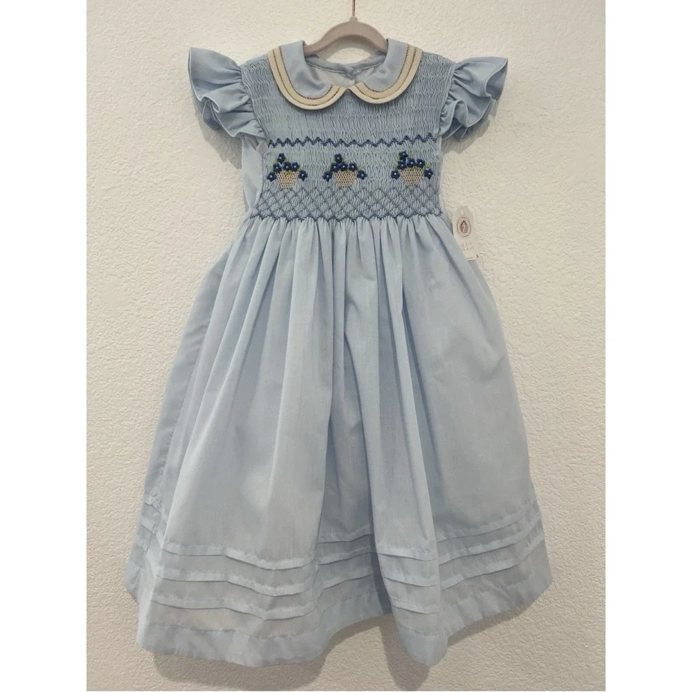 Blue Smocked Hand Made And Hand Beaded Girl's Dress Size 3T-4T NWT